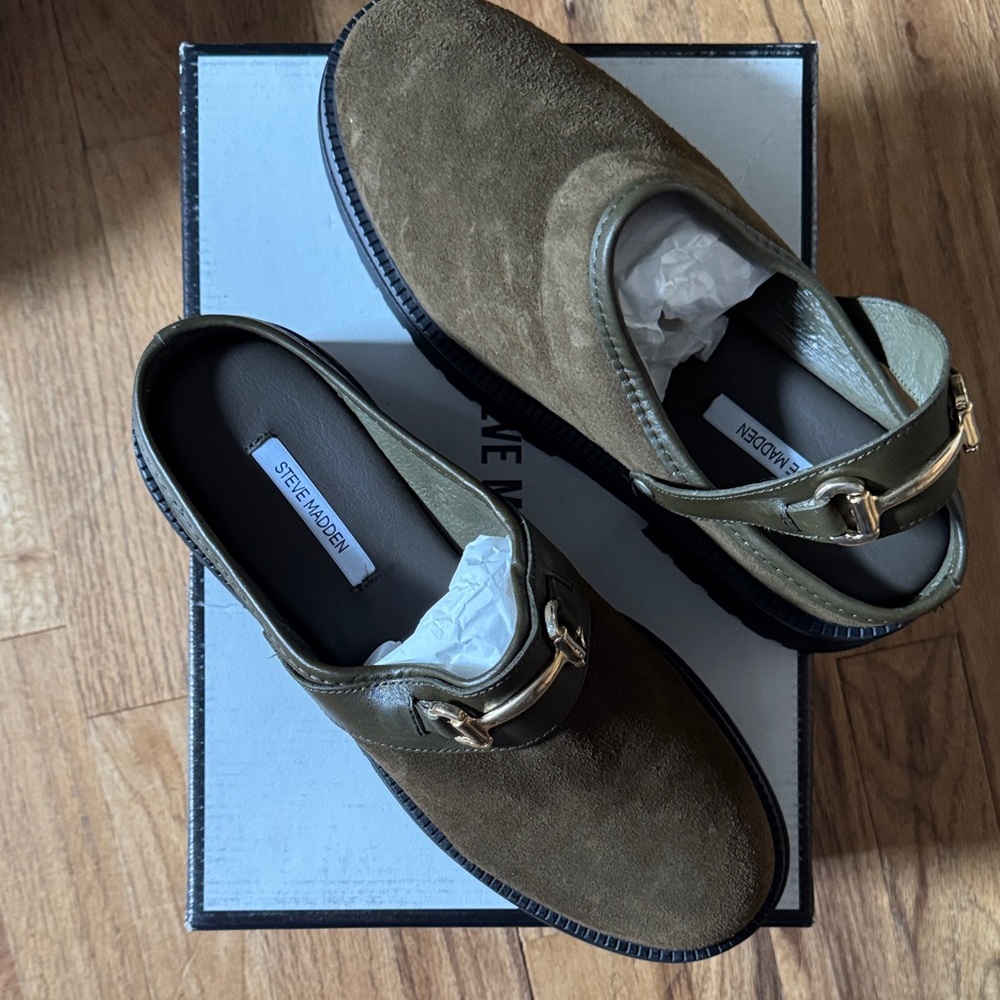 Steve Madden Green Suede Loafers with Gold Accent